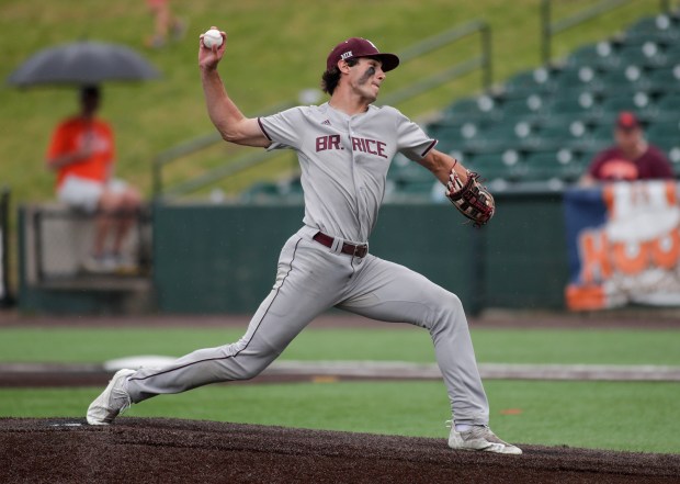 Brother Rice's Jack Lausch (3) delivers a pitch against Edwardsville during a Class 4A state semifinal game at Duly Health & Care Field in Joliet, Ill. on Friday, June 10, 2022.(Mike Mantucca-Daily Southtown)