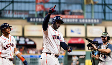 HOUSTON, TEXAS - JUNE 02: Yordan Alvarez #44 of the Houston Astros reacts after hitting a home run in the first inning against the Pittsburgh Pirates at Daikin Park on June 02, 2026 in Houston, Texas. (Photo by Houston Astros/Getty Images)