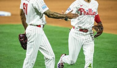 Phillies' left-handed starter Cristopher Sánchez high-fives shortstop Trea Turner. Image courtesy of Phillies' Instagram account.