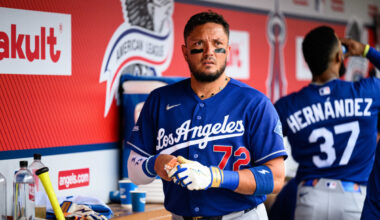 Mar 10, 2026; Phoenix, Arizona, USA; Los Angeles Dodgers catcher Eliezer Alfonzo against the Arizona Diamondbacks during a spring training game at Camelback Ranch-Glendale. Mandatory Credit: Mark J. Rebilas-Imagn Images