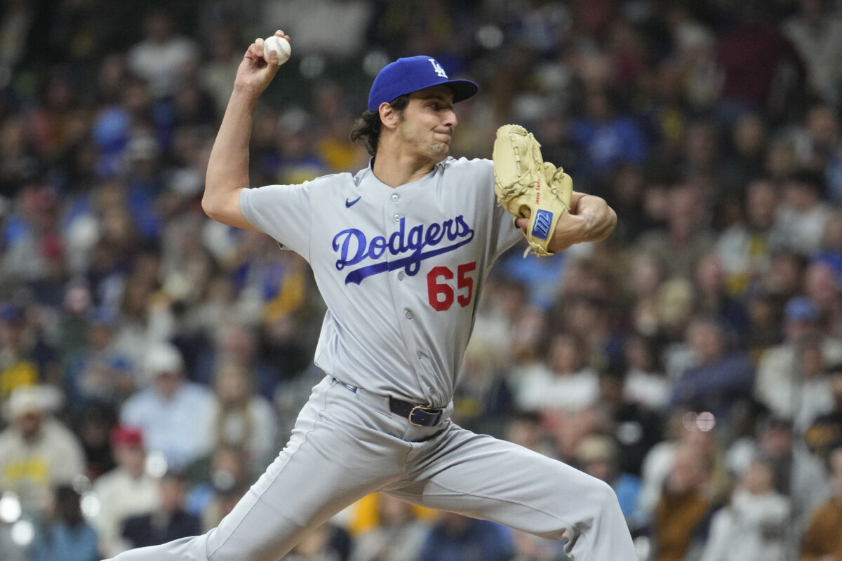 May 22, 2026; Milwaukee, Wisconsin, USA; Los Angeles Dodgers pitcher Paul Gervase (65) delivers a pitch against the Milwaukee Brewers in the sixth inning at American Family Field. Mandatory Credit: Michael McLoone-Imagn Images
