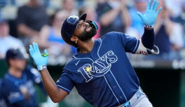 Tampa Bay Rays' Junior Caminero celebrates after hitting a three-run home run during the third inning of a baseball game against the Kansas City Royals, Tuesday, June 30, 2026, in Kansas City, Mo. (AP Photo/Charlie Riedel)