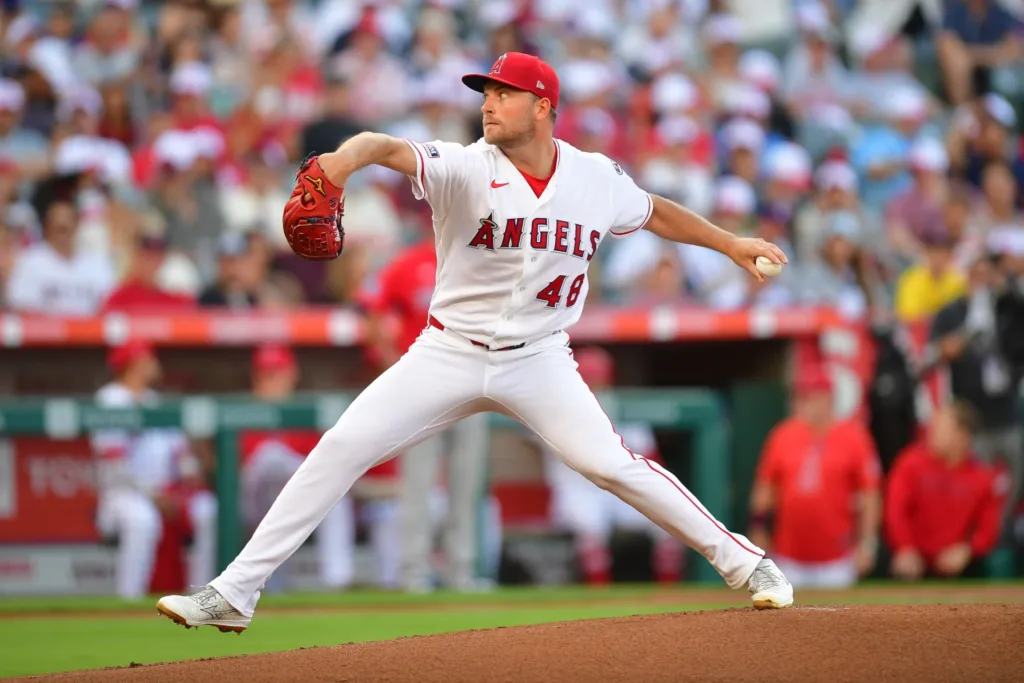 Jul 3, 2026; Anaheim, California, USA; Los Angeles Angels pitcher Reid Detmers (48) throws against the Boston Red Sox during the first inning at Angel Stadium. Mandatory Credit: Gary A. Vasquez-Imagn Images
