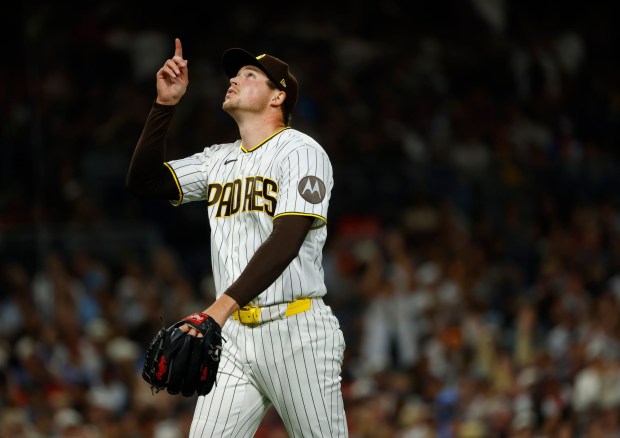 Mason Miller #22 of the San Diego Padres comes off the mound after pitching the ninth inning against the Atlanta Braves at Petco Park on June 23, 2026 in San Diego, CA. (K.C. Alfred / The San Diego Union-Tribune)