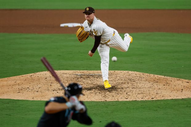 Adrian Morejon of the San Diego Padres pitches against the Arizona Diamondbacks during the ninth inning at Petco Park on Thursday, July 9, 2026 in San Diego, California. (Meg McLaughlin / The San Diego Union-Tribune)
