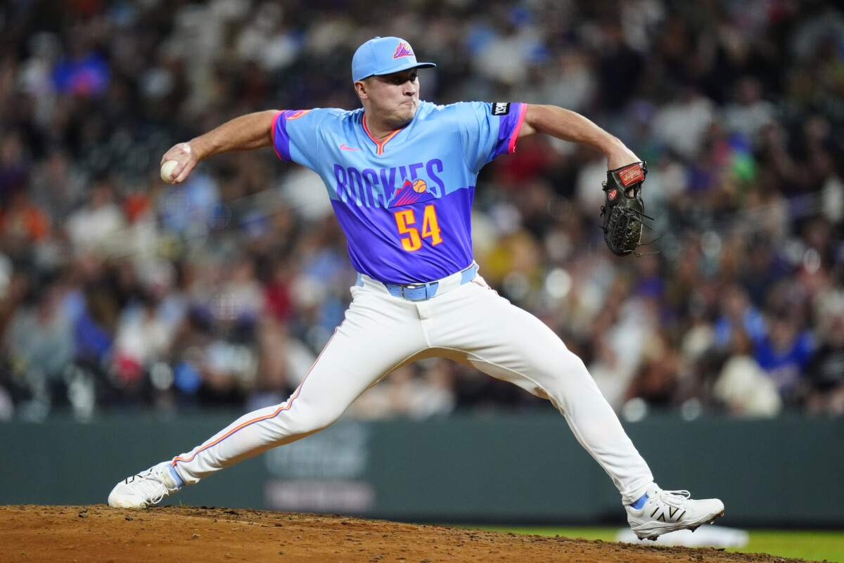 May 29, 2026; Denver, Colorado, USA; Colorado Rockies relief pitcher Seth Halvorsen (54) delivers a pitch in the sixth inning against the San Francisco Giants at Coors Field. Mandatory Credit: Ron Chenoy-Imagn Images