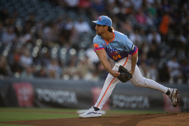 Pitcher Michael Lorenzen (24) of the Colorado Rockies starts the first inning against the San Francisco Giants on Friday, May 29, 2026, at Coors Field in Denver. (Photo by Timothy Hurst/The Denver Post)