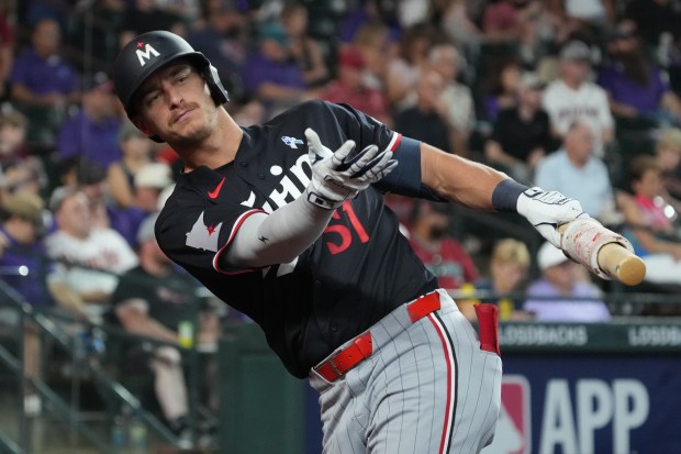 Minnesota Twins left fielder Kyler Fedko (51) against the Arizona Diamondbacks in the first inning of a baseball game, Sunday, June 21, 2026, in Phoenix. (AP Photo/Rick Scuteri)