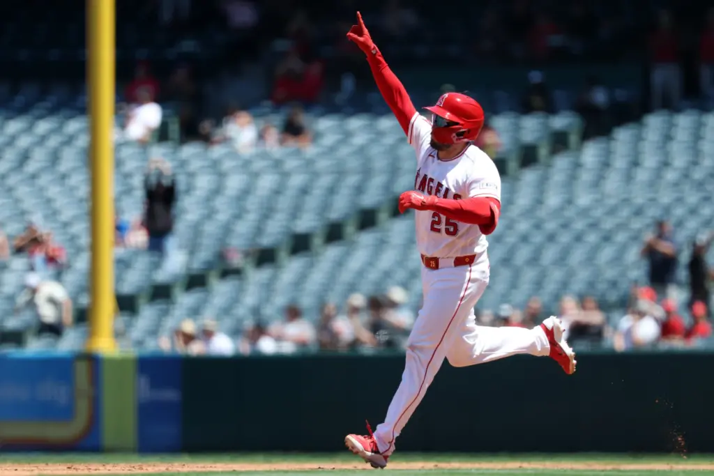 May 6, 2026; Anaheim, California, USA; Los Angeles Angels catcher Travis D'Arnaud (25) reacts after hitting a three-run home run during the second inning against the Chicago White Sox at Angel Stadium. Mandatory Credit: Kiyoshi Mio-Imagn Images