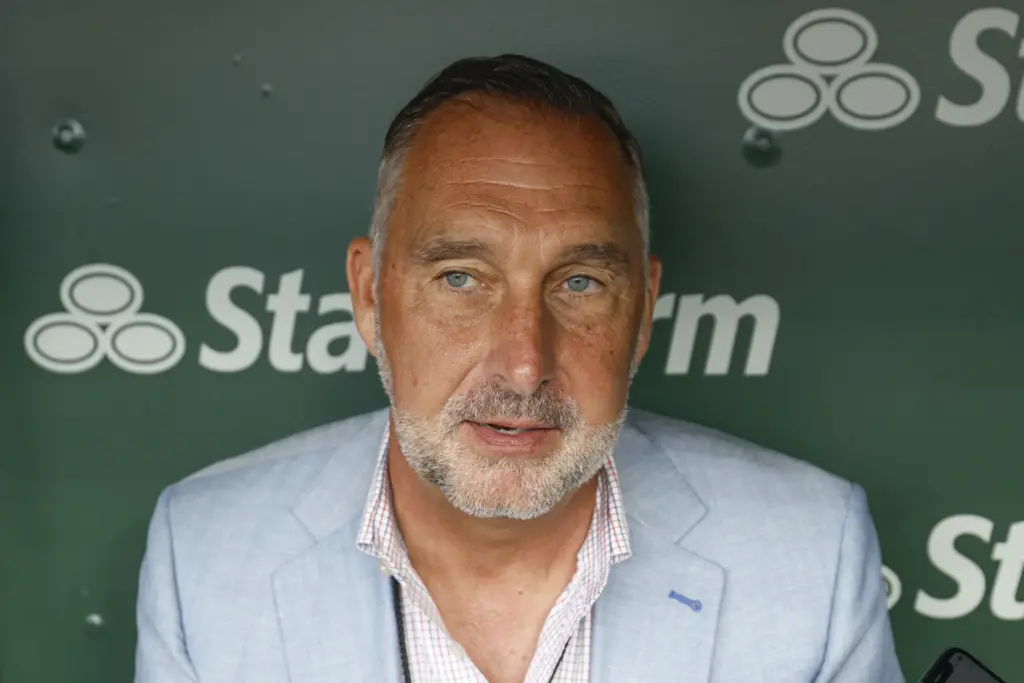 Jul 4, 2025; Chicago, Illinois, USA; St. Louis Cardinals president of baseball operations John Mozeliak speaks before a baseball game against the Chicago Cubs at Wrigley Field. Mandatory Credit: Kamil Krzaczynski-Imagn Images