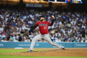Jul 2, 2026; Los Angeles, California, USA; Arizona Diamondbacks pitcher Eduardo Rodriguez (57) now pitching at the bottom of the third inning at Dodger Stadium as they play against the Los Angeles Dodgers. Mandatory Credit: William Navarro-Imagn Images