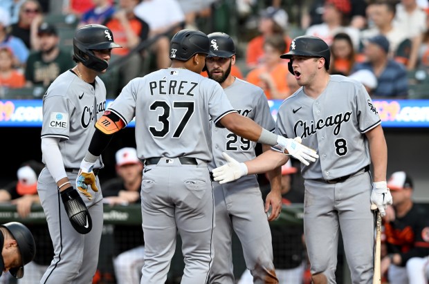 Junior Perez of the Chicago White Sox celebrates his three-run home run with Jacob Gonzalez, Tristan Peters and Kyle Teel in the third inning against the Baltimore Orioles at Camden Yards on June 30, 2026, in Baltimore. (Greg Fiume/Getty Images)