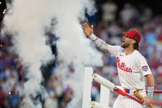 Philadelphia Phillies' Bryce Harper is introduced ahead of the MLB baseball All-Star Home Run Derby, Monday, July 13, 2026, in Philadelphia. (AP Photo/Matt Slocum)
