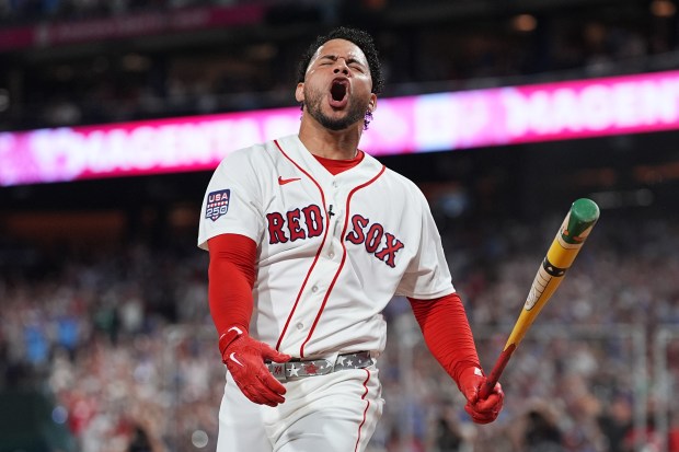 Boston Red Sox's Willson Contreras reacts during the MLB baseball All-Star Home Run Derby, Monday, July 13, 2026, in Philadelphia. (AP Photo/Matt Rourke)