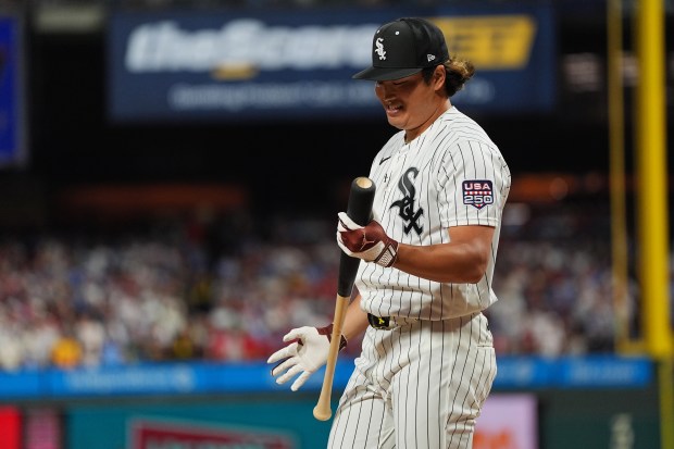 Chicago White Sox's Munetaka Murakami reacts during the MLB baseball All-Star Home Run Derby, Monday, July 13, 2026, in Philadelphia. (AP Photo/Matt Rourke)