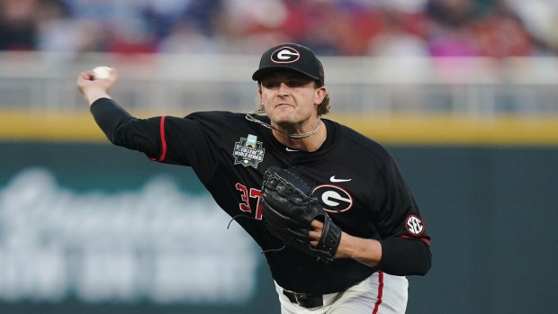Georgia pitcher Joey Volchko (37) throws during an NCAA baseball College World Series game against Texas, Saturday, June 13, 2026 in Omaha, Neb. Georgia won 7-1. (AP Photo/Vera Nieuwenhuis)