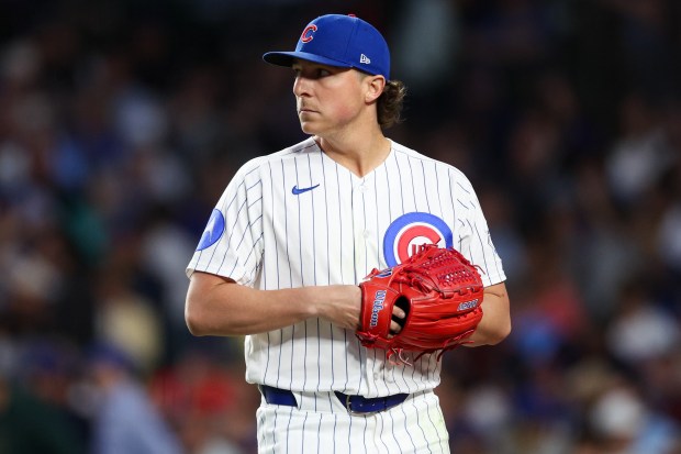 Cubs pitcher Ryan Rolison (33) walk to the dugout after pitching during the fifth inning against the Rockies at Wrigley Field June 16, 2026 in Chicago. (Armando L. Sanchez/Chicago Tribune)