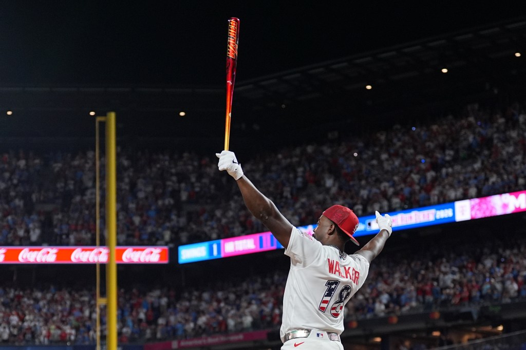 St. Louis Cardinals' Jordan Walker reacts as he wins the the MLB baseball All-Star Home Run Derby.