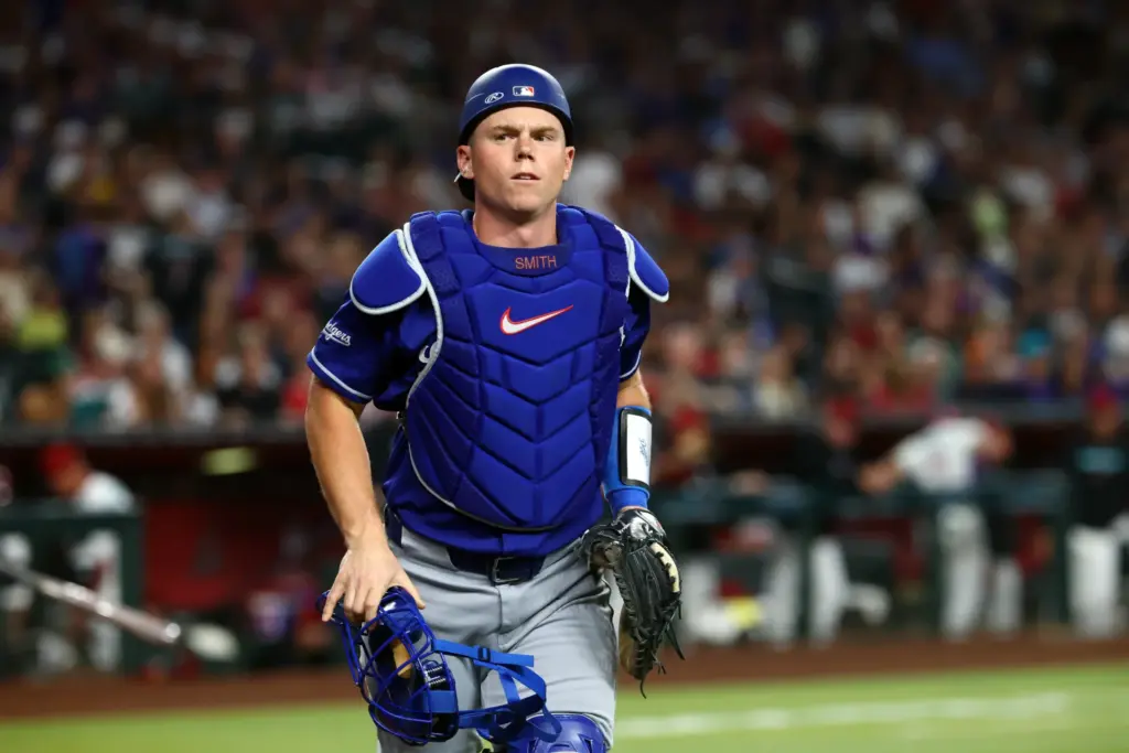 Jun 1, 2026; Phoenix, Arizona, USA; Los Angeles Dodgers catcher Will Smith against the Arizona Diamondbacks at Chase Field. Mandatory Credit: Mark J. Rebilas-Imagn Images