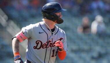 Aug 2, 2026; West Sacramento, California, USA; Detroit Tigers center fielder Max Clark (15) runs to first base after hitting a single against the Athletics during the seventh inning at Sutter Health Park. Mandatory Credit: Darren Yamashita-Imagn Images