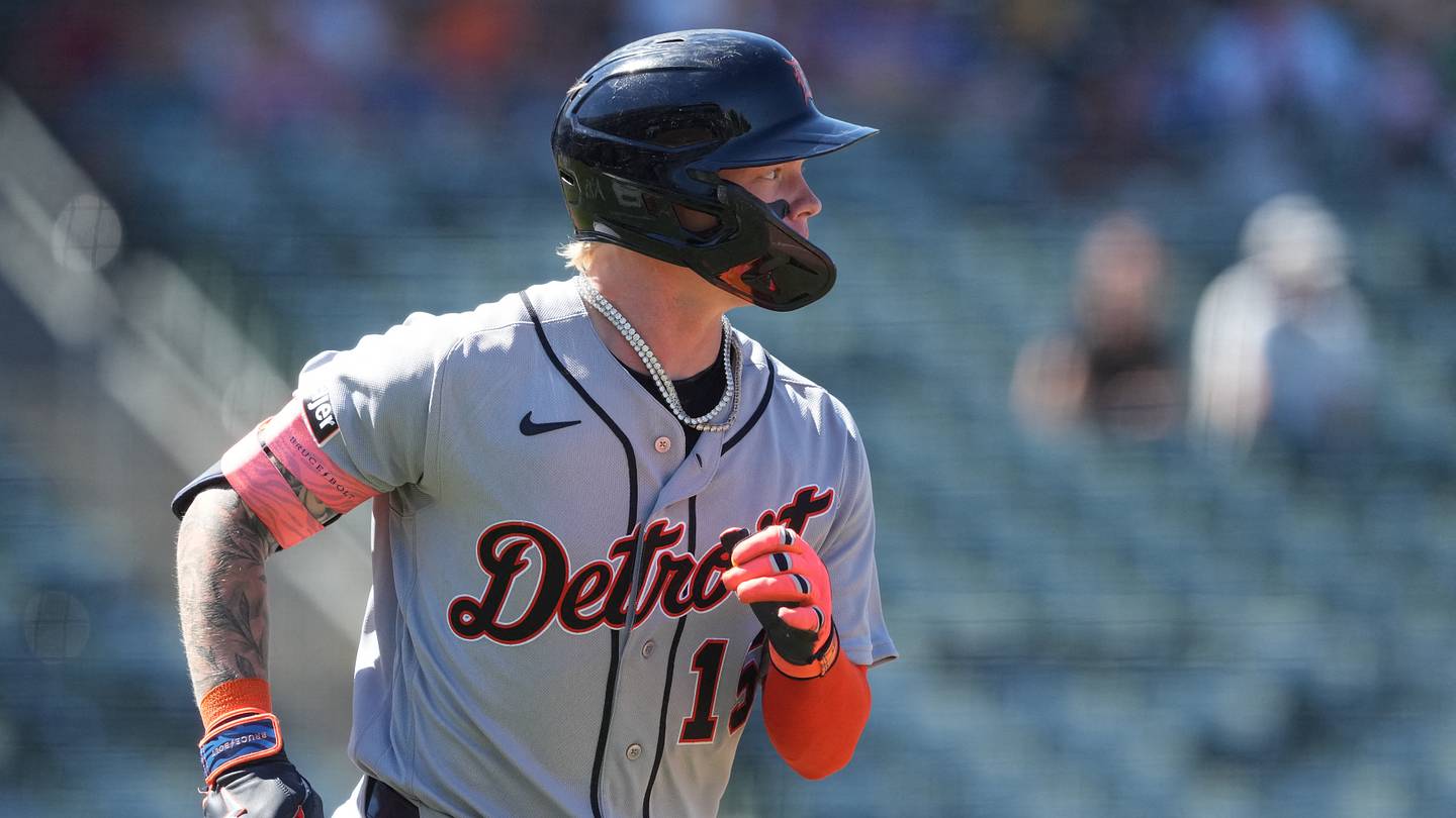 Aug 2, 2026; West Sacramento, California, USA; Detroit Tigers center fielder Max Clark (15) runs to first base after hitting a single against the Athletics during the seventh inning at Sutter Health Park. Mandatory Credit: Darren Yamashita-Imagn Images