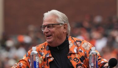 San Francisco, California, USA; San Francisco Giants television announcers Mike Krukow (left) and Duane Kuiper (right) before the game against the Miami Marlins at Oracle Park. Mandatory Credit: Darren Yamashita-Imagn Images