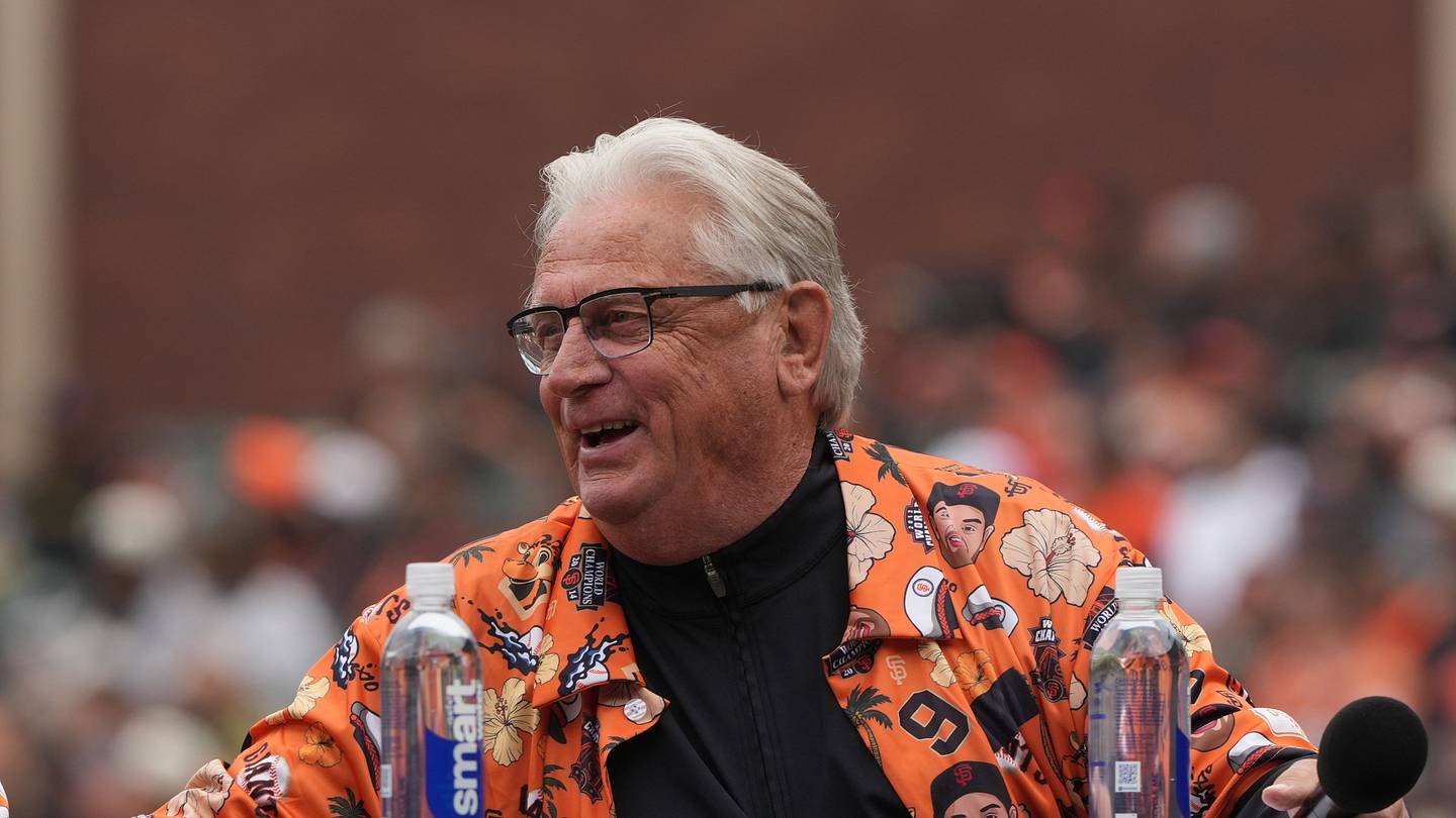 San Francisco, California, USA; San Francisco Giants television announcers Mike Krukow (left) and Duane Kuiper (right) before the game against the Miami Marlins at Oracle Park. Mandatory Credit: Darren Yamashita-Imagn Images