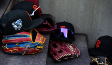 Apr 15, 2026; Cincinnati, Ohio, USA;  View of Giants game hats on the dugout steps, with a patch honoring Jackie Robinson during the game between the San Francisco Giants and the Cincinnati Reds at Great American Ball Park. Players and coaches will wear No. 42 in honor of Jackie Robinson Day around the league. Mandatory Credit: Aaron Doster-Imagn Images