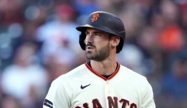 San Francisco, California, USA; San Francisco Giants designated hitter Bryce Eldridge (8) during the first inning against the Milwaukee Brewers at Oracle Park. Mandatory Credit: Darren Yamashita-Imagn Images