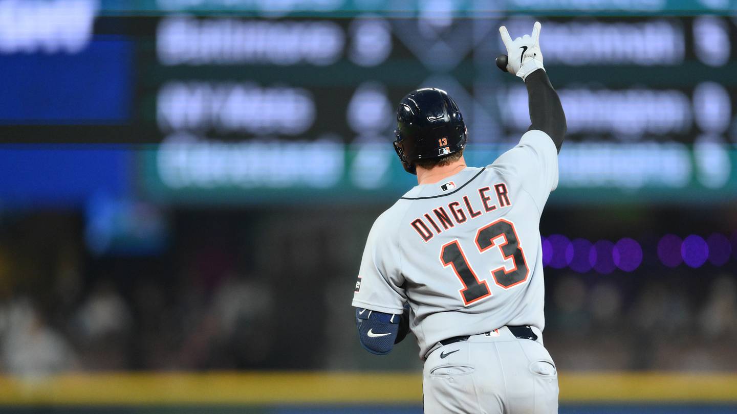 Aug 4, 2026; Seattle, Washington, USA; Detroit Tigers catcher Dillon Dingler (13) runs the bases after hitting a home run against the Seattle Mariners during the ninth inning at T-Mobile Park. Mandatory Credit: Steven Bisig-Imagn Images