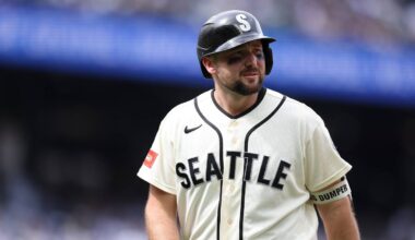 Aug 9, 2026; Seattle, Washington, USA; Seattle Mariners catcher Cal Raleigh (29) reacts after being lined out in the sixth inning at T-Mobile Park. Mandatory Credit: Richard Dizon-Imagn Images