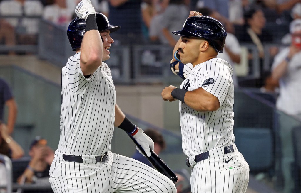 Trent Grisham celebrates one of his two homers on Wednesday night.