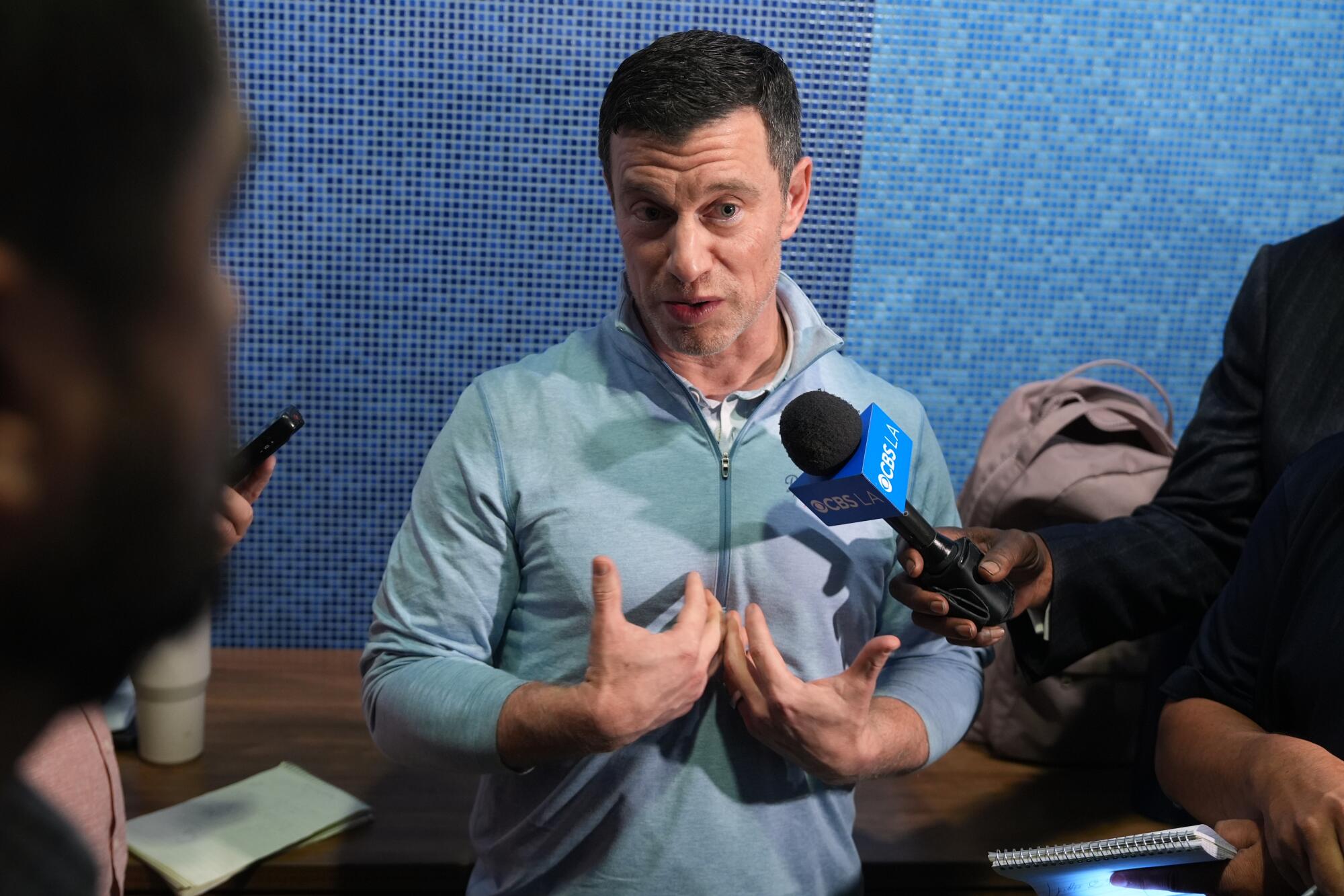 Andrew Friedman, Dodgers president of baseball operations, speaks to reporters on Jan. 21.