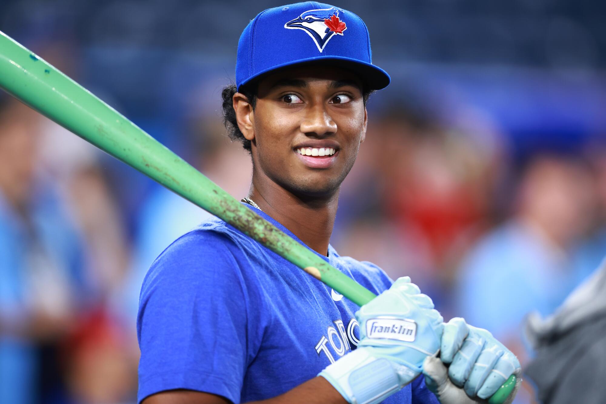 Arjun Nimmala takes part in batting practice for the Toronto Blue Jays on July 14, 2023.