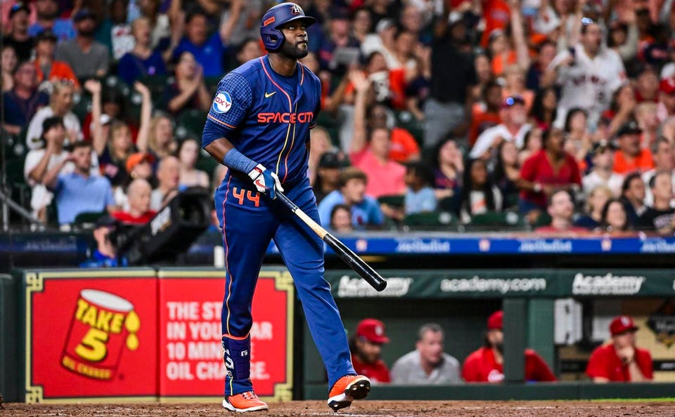 Yordan Alvarez admires a home run.