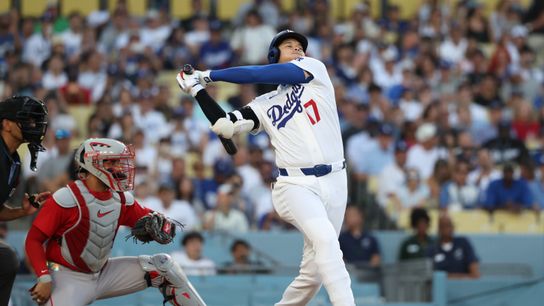 Jul 31, 2026; Los Angeles, California, USA; Los Angeles Dodgers designated hitter Shohei Ohtani (17) bats against Boston Red Sox starting pitcher Ranger Suarez (not pictured) during the first inning at Dodger Stadium.