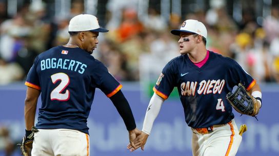 Jul 31, 2026; San Diego, California, USA; San Diego Padres center fielder Jackson Merrill (3) celebrates with left fielder Jase Bowen (4) after defeating the San Francisco Giants in the ninth inning at Petco Park. 