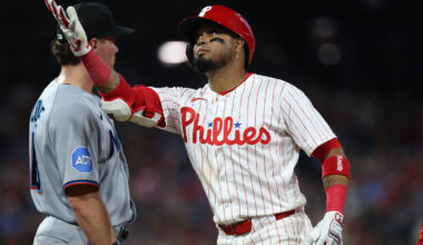Philadelphia Phillies second baseman Luis Arraez (4) reacts after his single against the Miami Marlins during the sixth inning at Citizens Bank Park.
