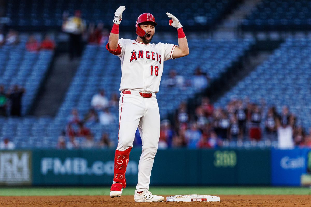 Nolan Schanuel #18 of the Los Angeles Angels celebrates after hitting a base clearing 3 RBI double during an MLB game against the Kansas City Royals on August 14, 2026 at Angel Stadium in Anaheim, California. Nolan Schanuel #18 of the Los Angeles Angels celebrates after hitting a base clearing 3 RBI double during an MLB game against the Kansas City Royals on August 14, 2026 at Angel Stadium in Anaheim, California.