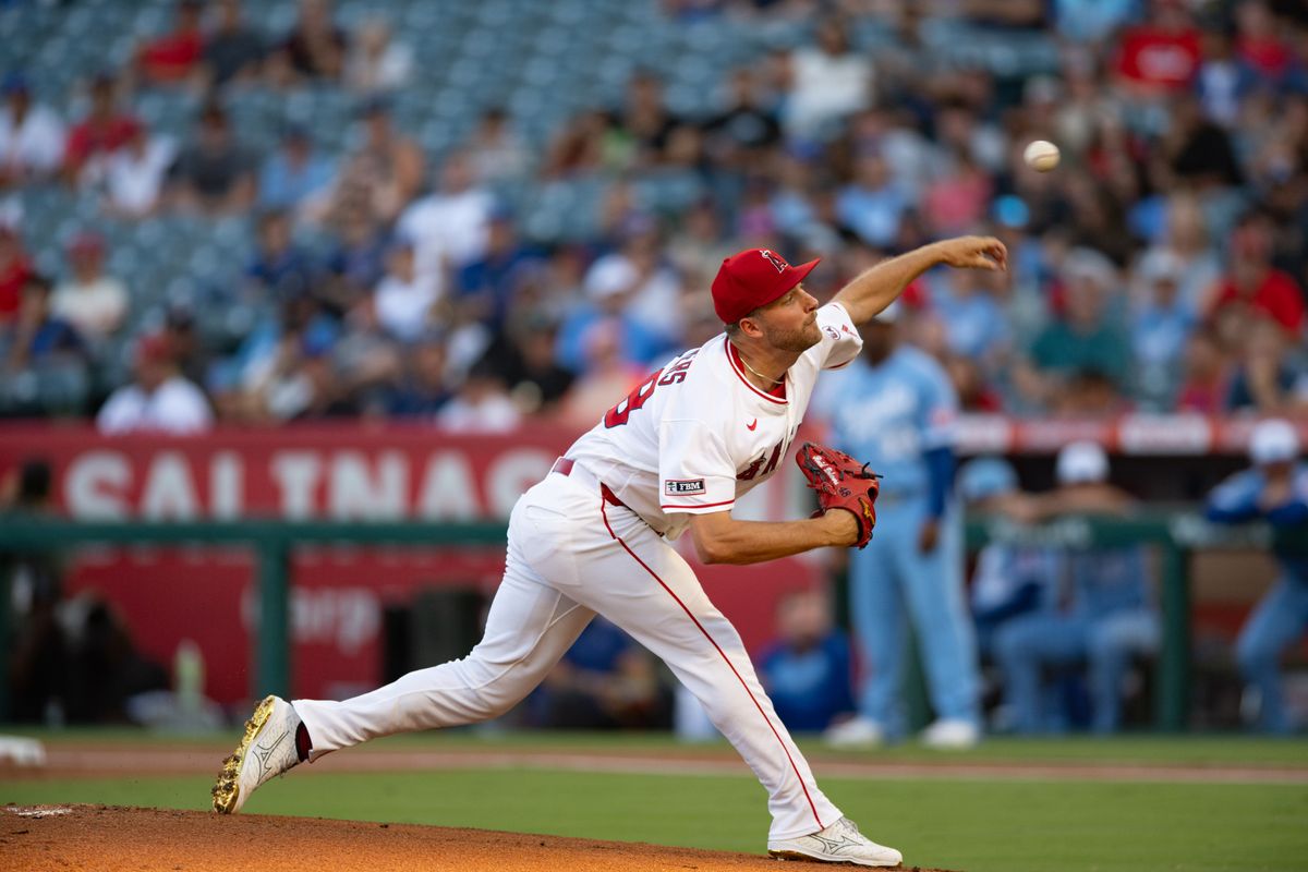 Los Angeles Angels starting pitcher Reid Detmers (48) throws a pitch during a game between the Kansas City Royals and the Los Angeles Angels on Saturday, August 15, 2026 at Angel Stadium in Anaheim Calif. Los Angeles Angels starting pitcher Reid Detmers (48) throws a pitch during a game between the Kansas City Royals and the Los Angeles Angels on Saturday, August 15, 2026 at Angel Stadium in Anaheim Calif.