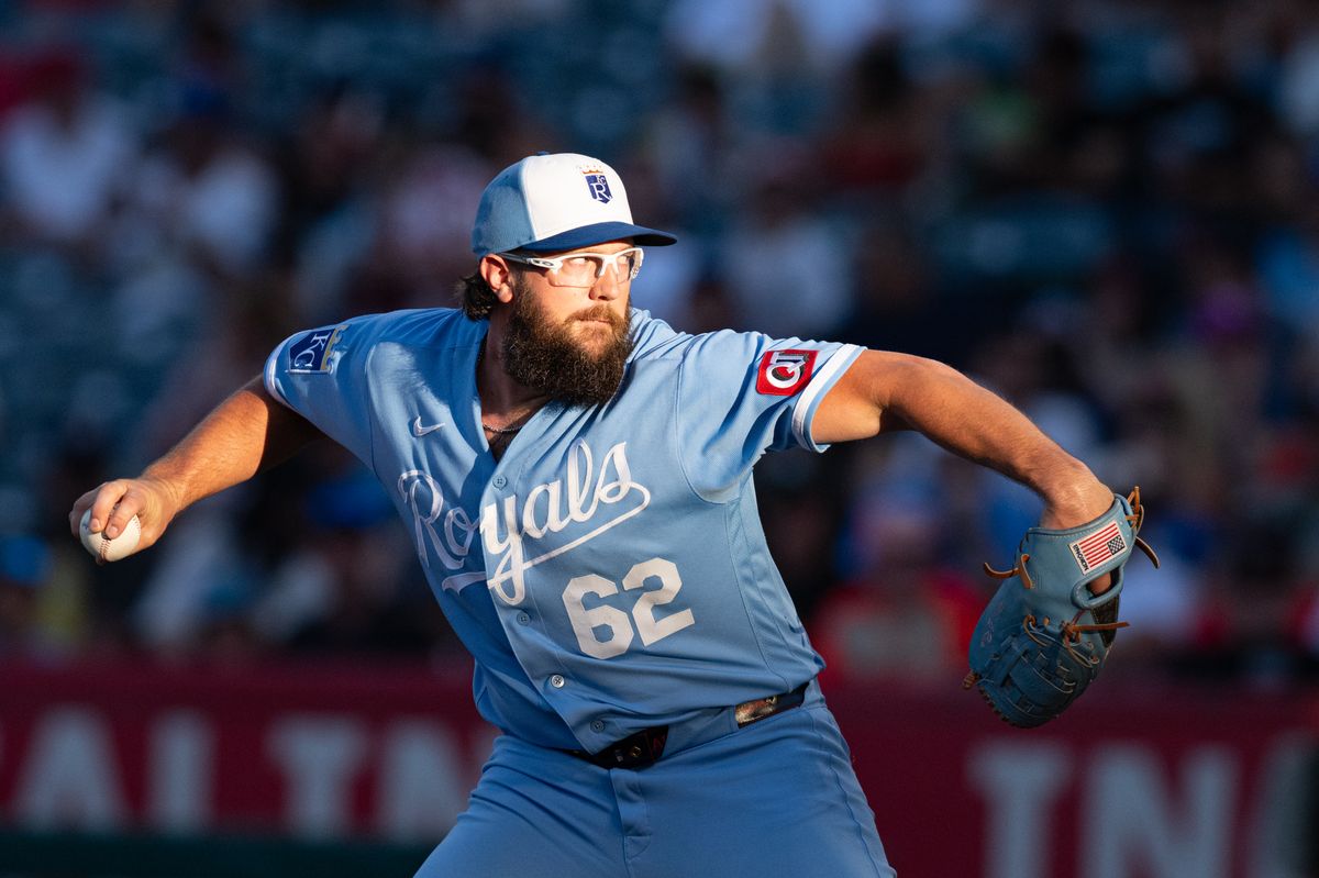 Kansas City Royals starting pitcher Randy Dobnak (62) throws a pitch during a game between the Kansas City Royals and the Los Angeles Angels on Saturday, August 15, 2026 at Angels Stadium in Anaheim Calif. Kansas City Royals starting pitcher Randy Dobnak (62) throws a pitch during a game between the Kansas City Royals and the Los Angeles Angels on Saturday, August 15, 2026 at Angels Stadium in Anaheim Calif.