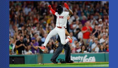 Boston Red Sox's Ceddanne Rafaela leaps over equipment after scoring during the sixth inning of a baseball game against the Arizona Diamondbacks Monday, Aug. 17, 2026, in Boston. (AP Photo/CJ Gunther)