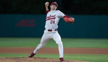 Stanford pitcher Aidan Keenan during his pitching windup in a game.