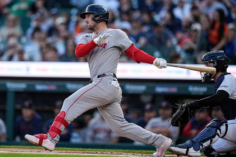 Boston Red Sox third baseman Alex Bregman bats against the Detroit Tigers during the first inning at Comerica Park, May 14,