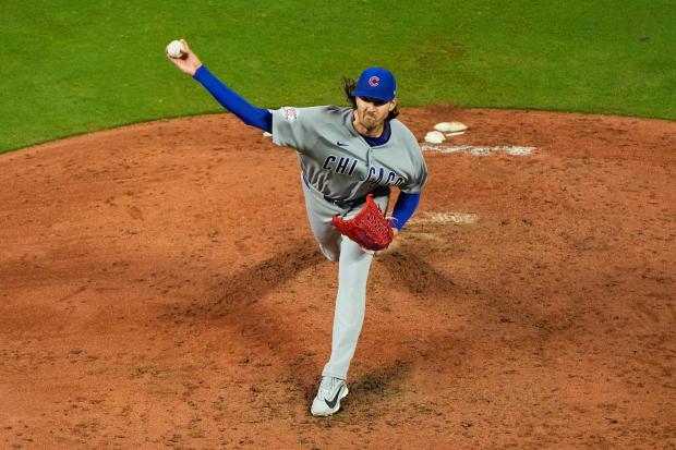 Kevin Gausman, abridor de los Cachorros de Chicago, lanza en el duelo del viernes 7 de agosto de 2026 ante los Reales de Kansas City (AP Foto/Charlie Riedel)