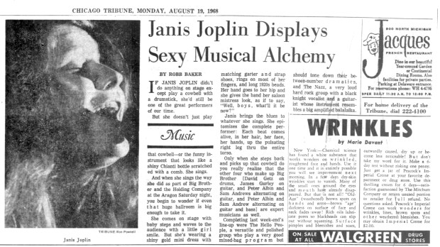 Tribune reporter Robb Baker wrote Janis Joplin "brings the blues to whatever she sings," in his review of Big Brother and the Holding Company's show at the Aragon Ballroom on Aug. 17, 1968. (Chicago Tribune)