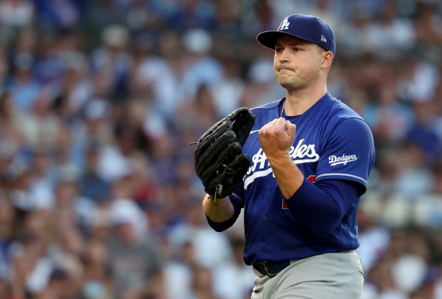 Los Angeles Dodgers starting pitcher Tarik Skubal (29) celebrates after closing out the Chicago Cubs in the first inning of a game at Wrigley Field in Chicago on Aug. 4, 2026. (Chris Sweda/Chicago Tribune)