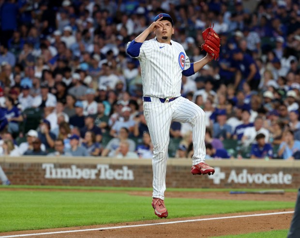 Chicago Cubs starting pitcher Javier Assad celebrates after closing out the Los Angeles Dodgers in the fourth inning of a game at Wrigley Field in Chicago on Aug. 4, 2026. (Chris Sweda/Chicago Tribune)