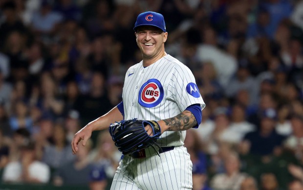 Chicago Cubs relief pitcher Jacob Webb (71) has a laugh on the mound in the ninth inning of a game against the Los Angeles Dodgers at Wrigley Field in Chicago on Aug. 4, 2026. (Chris Sweda/Chicago Tribune)