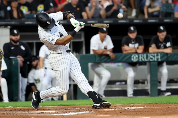 Chicago White Sox right fielder Braden Montgomery (24) drives in a run on a double in the second inning of a game against the Texas Rangers at Rate Field in Chicago on Aug. 26, 2026. (Chris Sweda/Chicago Tribune)